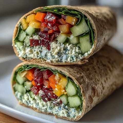 Colorful whole wheat wraps filled with fresh vegetables and hummus, offering a nutritious and satisfying packed meal.
