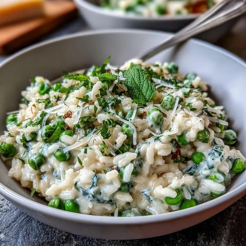 Spring Dinner Party Pea and Mint Risotto with Parmesan in a creamy, vibrant dish topped with fresh herbs and grated cheese.