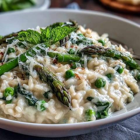 Creamy risotto infused with fresh peas and mint, finished with Parmesan, perfect for a spring dinner party centerpiece.