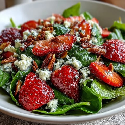 Fresh strawberry spinach salad with poppyseed dressing, bursting with sweet berries and crunchy nuts.  