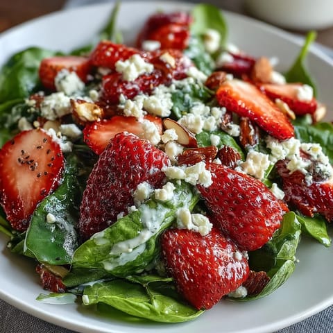 Vibrant strawberry spinach salad topped with creamy poppyseed dressing and tangy feta cheese.  