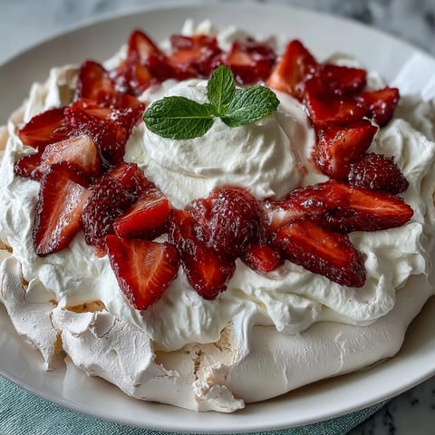 Classic strawberry pavlova with whipped cream, a crisp meringue base topped with fluffy vanilla cream and juicy red berries.