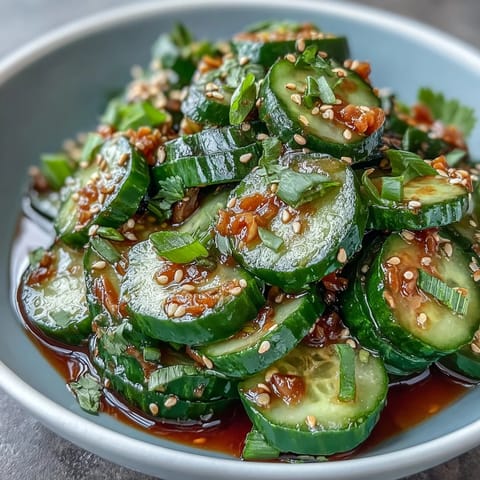 Crisp Asian cucumber salad with sesame and rice vinegar dressing, garnished with toasted sesame seeds and green onions. Refreshing vegan side dish perfect for summer meals.
