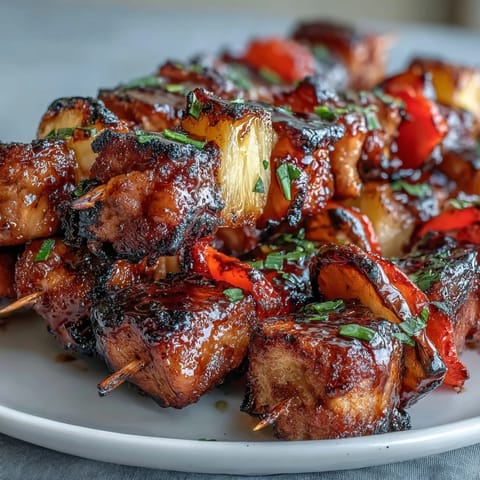 Grilled Pineapple Chicken Skewers with juicy chicken, sweet pineapple, and colorful bell peppers sizzling on the barbecue.  