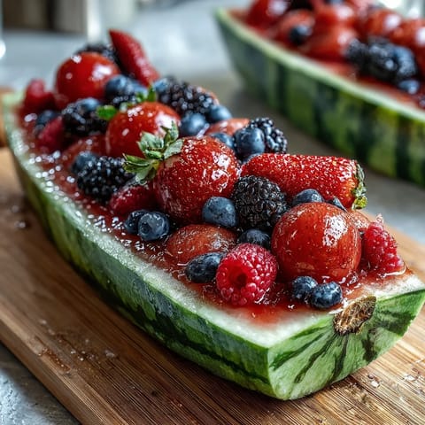 Vibrant watermelon carving board overflowing with fresh berries, mint, and lime slices for a stunning summer fruit platter.