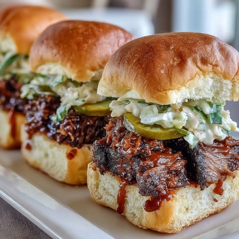 BBQ Baby Shower Brisket Sliders piled high with smoky, tender beef, tangy BBQ sauce, and crunchy coleslaw on soft buns.