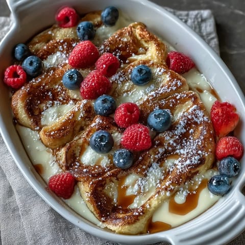 Golden pancake layers topped with juicy mixed berries and a rich custard, ready to serve for a special family breakfast.  