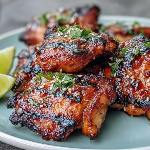 Honey Sriracha Grilled Chicken Thighs sizzling on the barbecue with a glossy caramelized glaze and charred edges.  