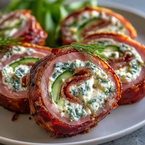 Bite-sized ham and pickle pinwheels with smooth cream cheese, offering a savory, tangy, and creamy flavor in every bite.