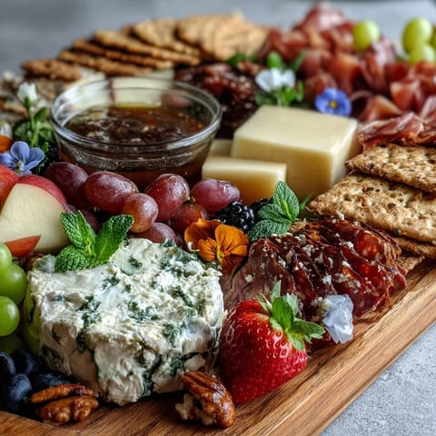 Vibrant spring charcuterie board with edible flowers, fruits, and cured meats for festive gatherings.