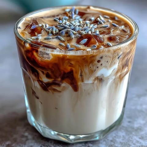 A creamy lavender oat milk latte with floral aroma, perfect for a cozy morning coffee break.