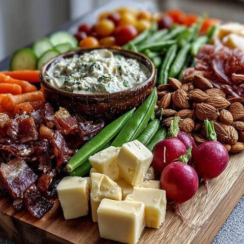 Vibrant spring charcuterie board with radishes, peas, and herb dip, featuring colorful vegetables and savory meats.