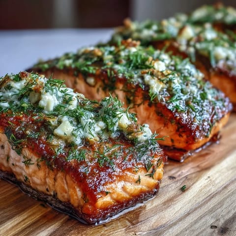 Tender Cedar Plank Salmon with Garlic Dill, smoky and herb-infused, served with fresh dill and citrus garnish.  