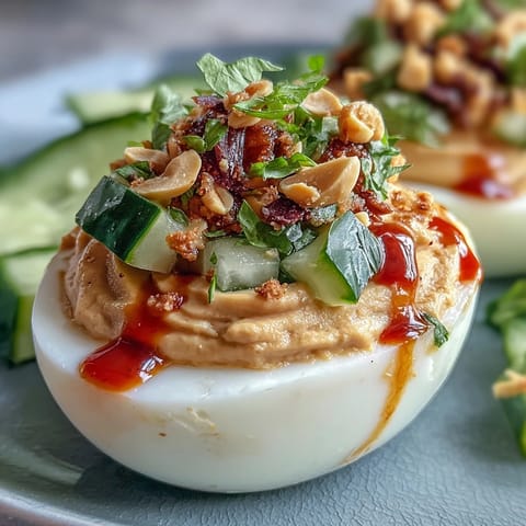 Thai Peanut Deviled Eggs with Cucumber Relish - creamy, spicy deviled eggs topped with a refreshing cucumber relish and crushed peanuts.