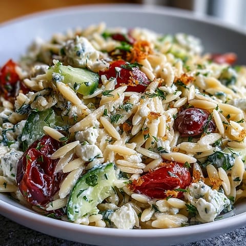 Fresh Mediterranean orzo salad with cucumber, feta, and lemon dressing, bursting with vibrant colors and zesty flavors.  
