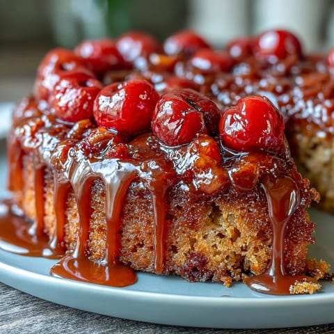 1. A golden cherry almond upside-down cake with caramelized cherries glistening on top, perfect for dessert or teatime.  