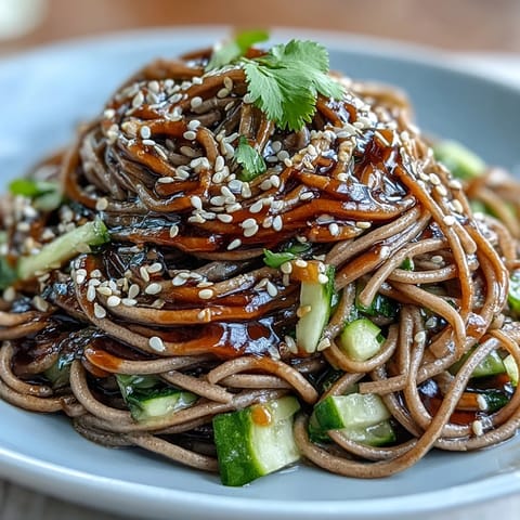 Cold soba noodle salad with sesame ginger dressing in a vibrant bowl, garnished with cilantro and sesame seeds.  