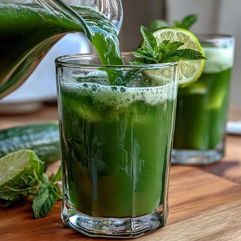Vibrant green detox cucumber mint agua fresca with fresh cucumber slices and lime in a clear pitcher, garnished with mint sprigs.  