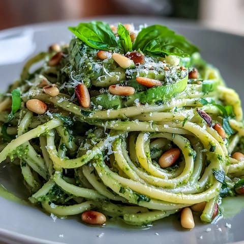 Creamy avocado pesto pasta with fresh basil and Parmesan in a no-cook sauce, perfect for a quick vegetarian meal.  