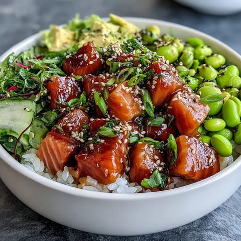 Fresh Hawaiian Salmon Poke Bowl, showcasing colorful veggies over fluffy rice.