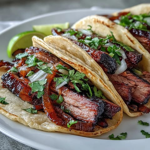 Smoked brisket tacos with pickled red onion, a smoky, tangy Tex-Mex delight.