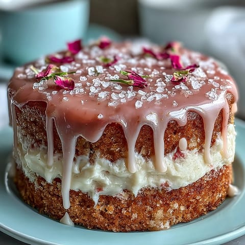 Dazzling pink Rosé Velvet Cake with velvety cream cheese frosting and edible gold glaze.