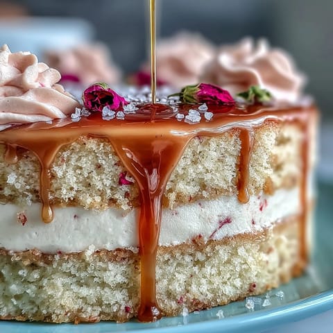 Delicate pink Bridal Shower Rosé Velvet Cake with shimmering gold drip.