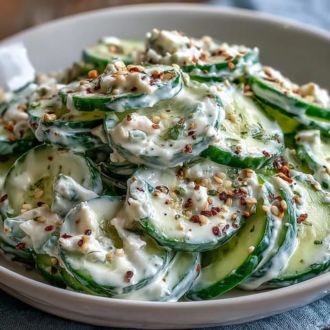 Viral Cucumber Salad with Cream Cheese Everything Bagel seasoning, creamy and crisp side.