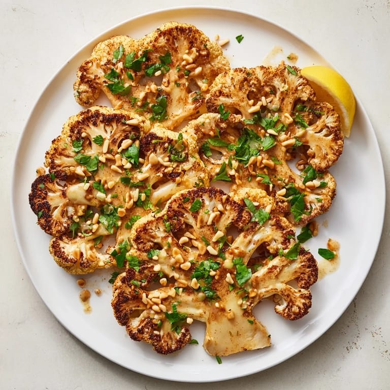 A close-up shot of the Roasted Cauliflower Steaks drizzled with tahini and parsley.