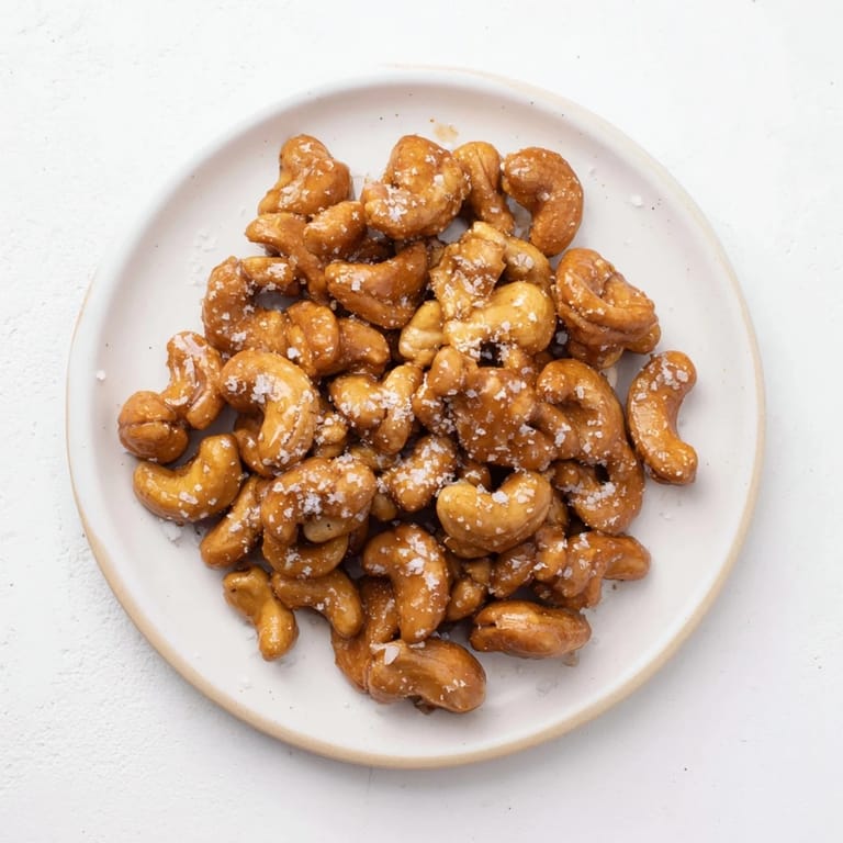 Close-up of freshly baked sweet and salty honey toasted cashews, glistening with honey and salt.
