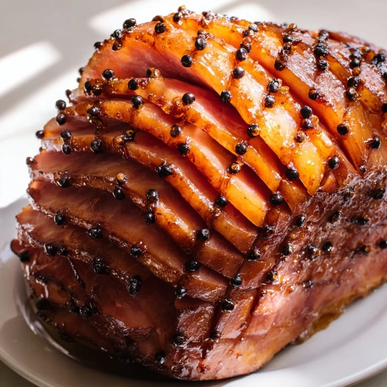 Tender, slow-cooked Honey Glazed Ham, featuring a sweet, spiced glaze, ready to serve with sides.