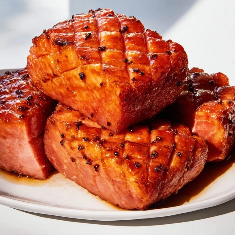 This glistening plate displays a Slow-Cooked Honey Glazed Ham with an amber, sticky glaze.