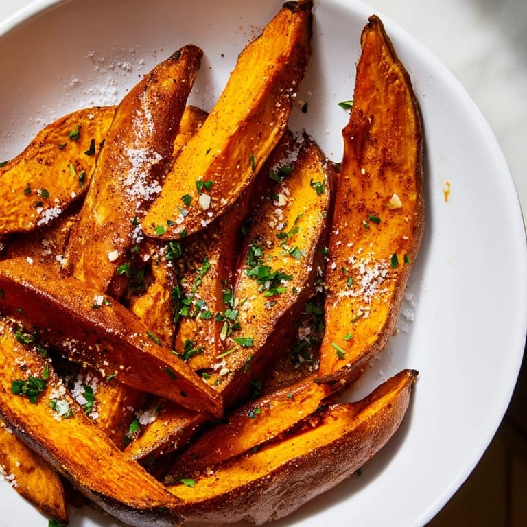 A picture of freshly cooked, golden-brown oven-baked sweet potato wedges, perfect for dipping.