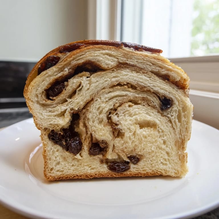 Close-up of a delightful homemade cinnamon swirl raisin bread, showing the sweet raisin spirals.