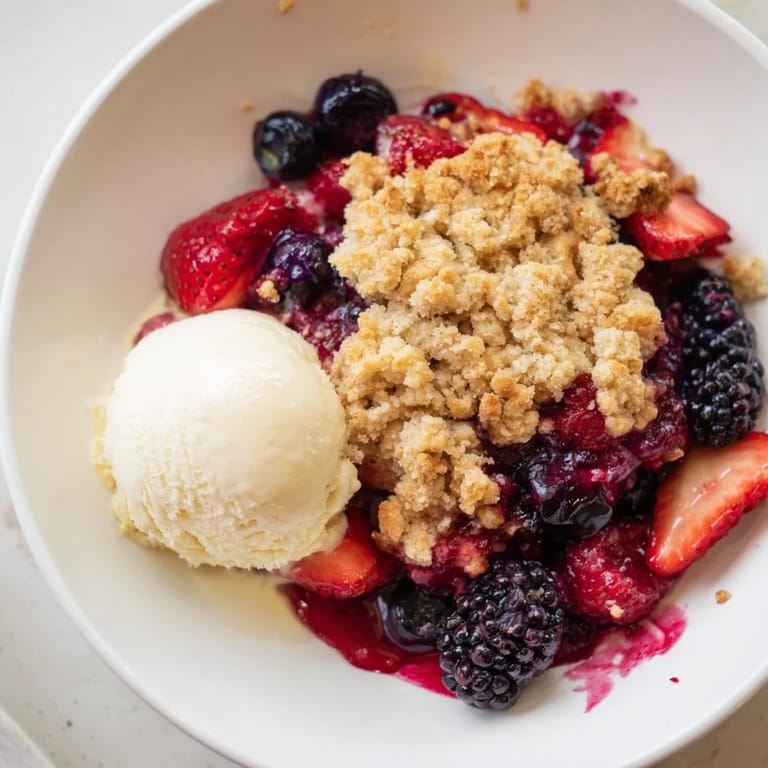 A close-up of a bubbling Rustic Summer Berry Cobbler, showing juicy fruit under golden biscuits.