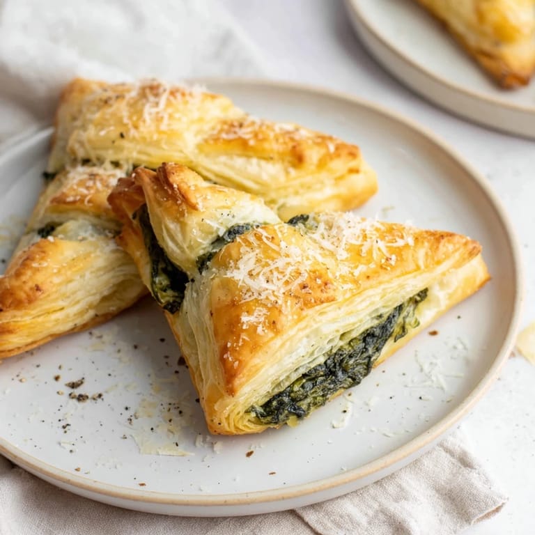 Bright, warm image of a tray of freshly baked Savory Spinach and Ricotta Puff Pastry Triangles, ready to serve.