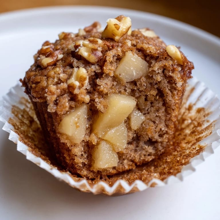 A close-up of fluffy Seasonal Spiced Pear and Walnut Muffins showcasing juicy pears and crunchy walnuts.