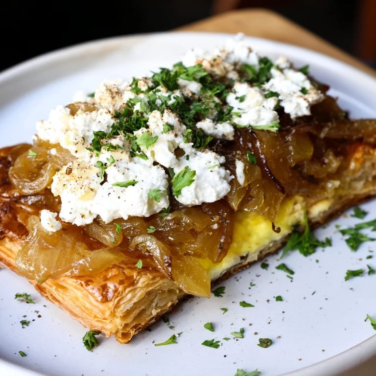 Close-up of a warm, savory Decadent Caramelized Onion and Goat Cheese Tart, ready to slice and eat.