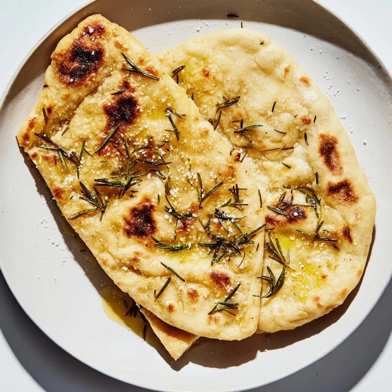 Warm, soft quick homemade flatbread with fragrant rosemary, ideal for dipping or enjoying as a snack.