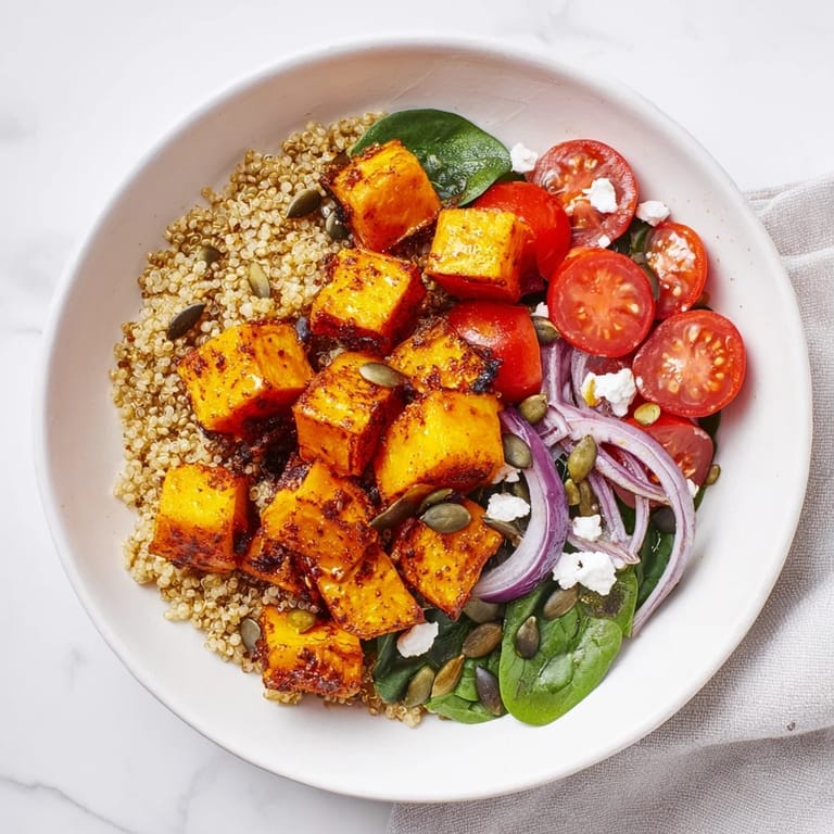 A beautifully arranged Golden Honey-Roasted Butternut Squash Bowl, showing caramelized squash and colorful toppings.