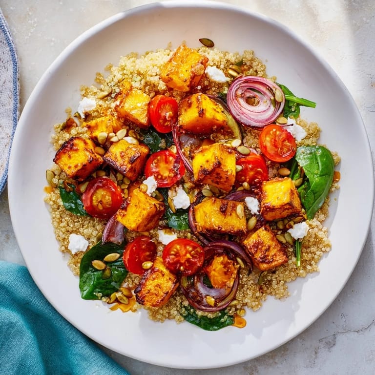 Warm and inviting close-up of a Golden Honey-Roasted Butternut Squash Bowl, perfect for a cozy vegetarian meal.