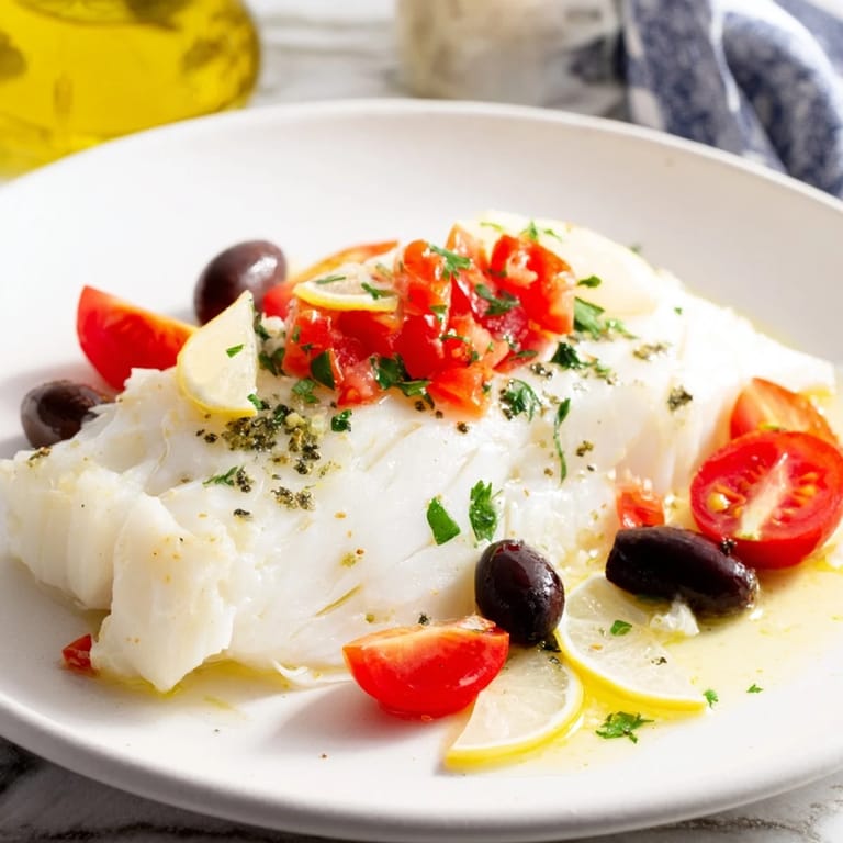 Vibrant One-Tray Baked Cod showcases tender fish and juicy tomatoes with olives, aromatic herbs, and lemon.
