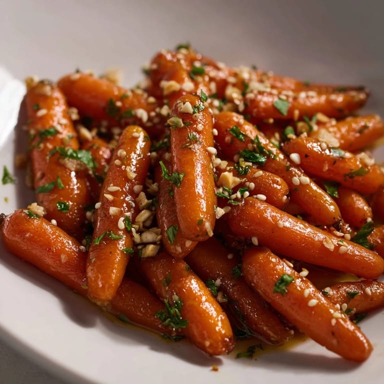 Close-up of baked Honey Soy Roasted Carrots, showcasing the delicious honey-soy caramelization and herbs.