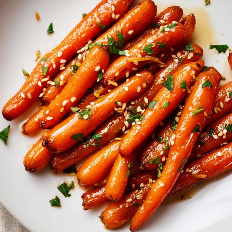 Tender, caramelized Honey Soy Roasted Carrots, a vibrant vegetarian side dish, topped with sesame seeds.