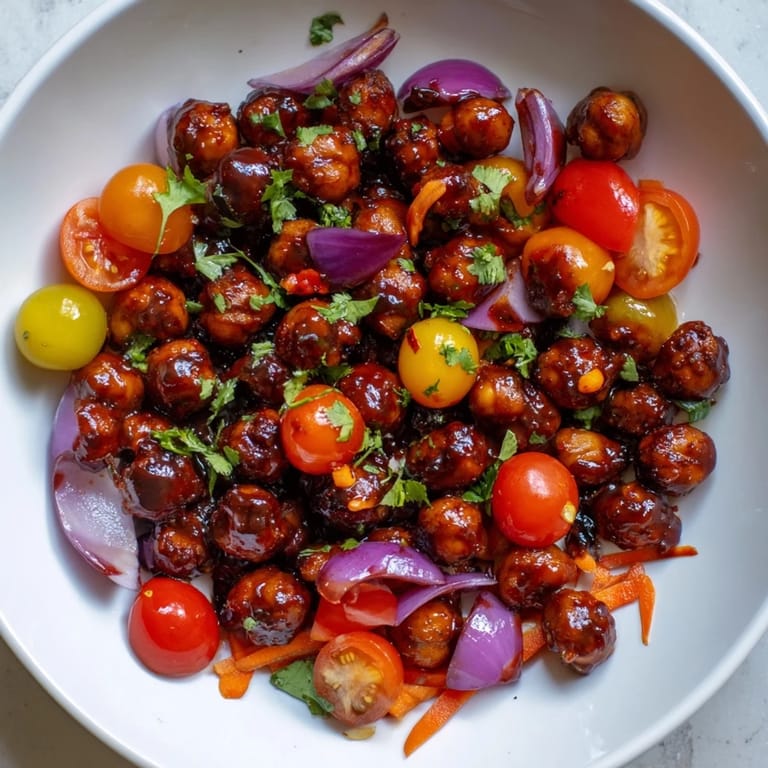 Freshly made BBQ Chickpea Salad, showcasing tender chickpeas and bright red tomatoes.
