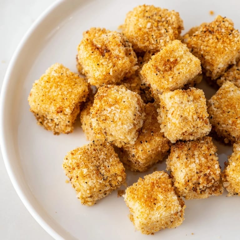 These seasoned popcorn tofu bites, freshly cooked and inviting with a light, airy crunch.
