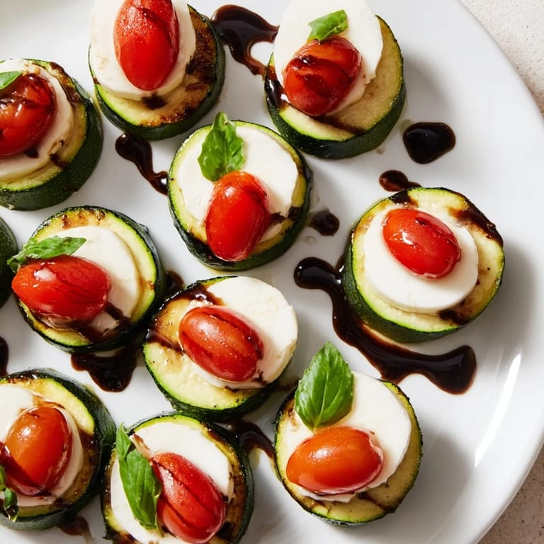 Enjoy these flavorful Zucchini Caprese Bites, featuring juicy tomato halves, creamy cheese, and drizzled glaze.