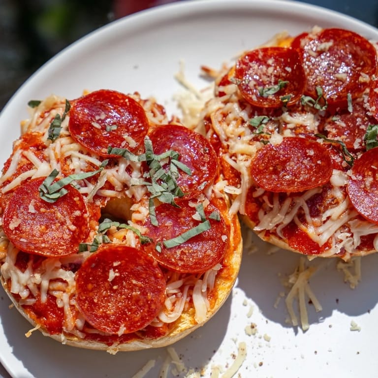 Warm mini pepperoni pizza bagels, served with fresh basil for a delicious American treat.