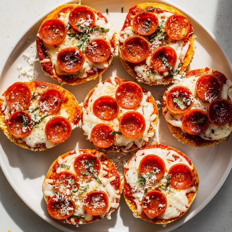 A beautiful close-up of cheesy mini pepperoni pizza bagels, a perfect snack or party appetizer.