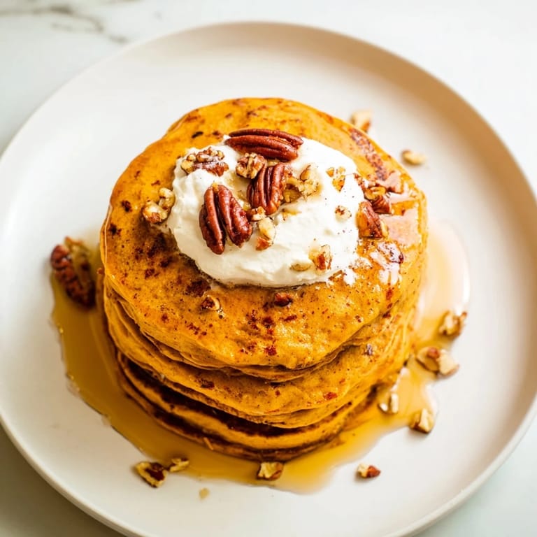 A stack of warm Pumpkin Spice Pancakes with visible spice flecks, ready to be devoured.